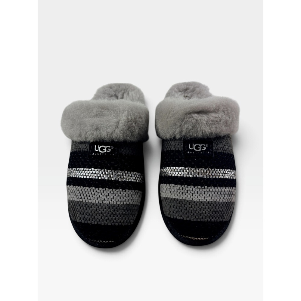 UGG Scuffette II Woven Metallic Suede Womens 10 Black Grey Striped Slippers NEW